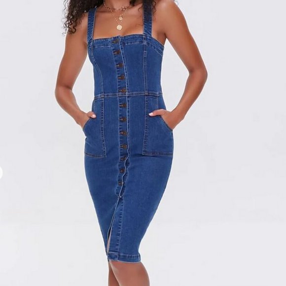 Denim Bodycon Dress - button down midi bustier blue jean dress - Forever 21 - Picture 1 of 7